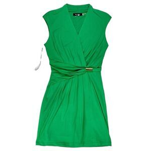 Ellen Tracy Sheath Midi Dress Women 12 Green Faux Wrap V Neck Sleeveless Elegant